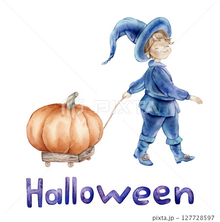Whimsical wizard in a blue suit and hat with a wooden cart with Pumpkin and hand lettering Halloween. Hand drawn fantasy illustration of a magical character, charming and enchanting. Whimsical wizard in a blue suit and hat with a wooden cart with Pumpkin and hand lettering Halloween. Hand drawn fantasy illustration of a magical character, charming and enchanting. 127728597