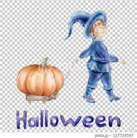 Whimsical wizard in a blue suit and hat with a wooden cart with Pumpkin and hand lettering Halloween. Hand drawn fantasy illustration of a magical character, charming and enchanting. Whimsical wizard in a blue suit and hat with a wooden cart with Pumpkin and hand lettering Halloween. Hand drawn fantasy illustration of a magical character, charming and enchanting. 127728597