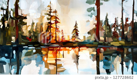 Landscape oil on canvas. Tranquil forest scene with tall, slender trees lining still lake. 127728602