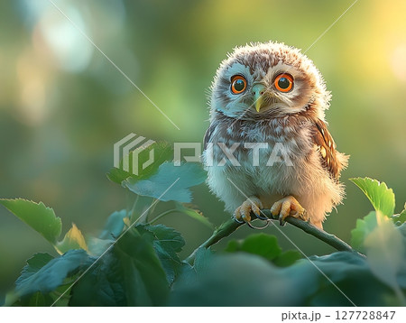 Cute baby owl perched on a branch amidst greenery 127728847