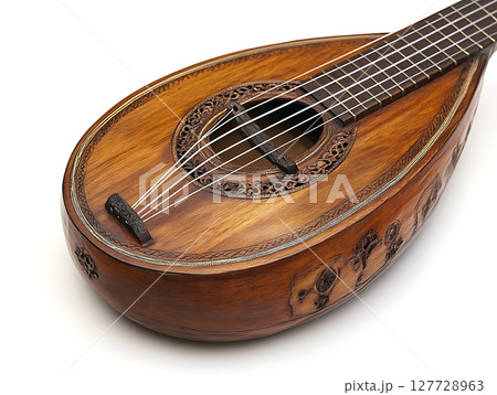 Handcrafted Wooden Lute with Detailed Carvings and Fine Strings Handcrafted Wooden Lute with Detailed Carvings and Fine Strings 127728963