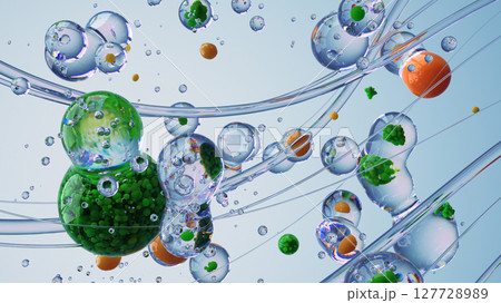 Colorful Microscopic Spheres in Liquid Representing Science Molecular Biology Colorful Microscopic Spheres in Liquid Representing Science Molecular Biology 127728989