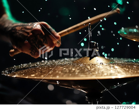 Close-Up of Tattooed Hand Striking Cymbal Dramatically 127729004