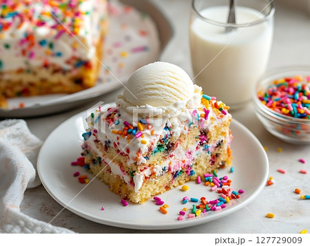 Funfetti Cake Slice Topped with Ice Cream and Sprinkles 127729009