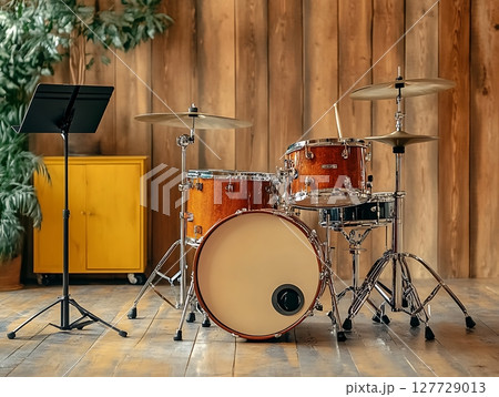 Acoustic Drum Set in a Cozy Wooden Practice Room Acoustic Drum Set in a Cozy Wooden Practice Room 127729013