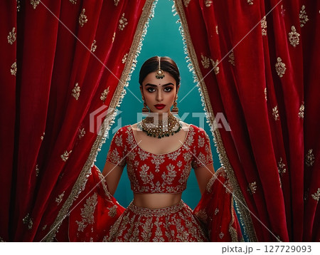 Elegant Bride in Traditional Red Attire with Bold Jewelry Elegant Bride in Traditional Red Attire with Bold Jewelry 127729093