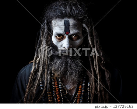Mystical Sadhu with Dreadlocks and Painted Face in Darkness 127729162