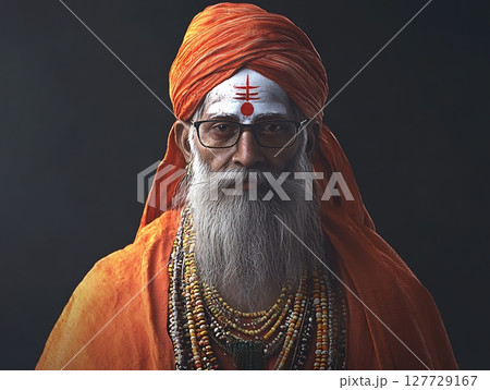 Wise Sage with Orange Robe, Beaded Necklaces, and Spiritual Aura 127729167