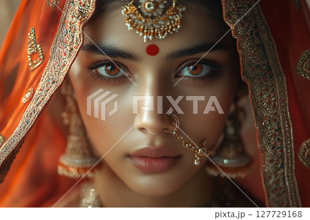 Close-Up of Indian Bride with Mesmerizing Eyes and Jewelry 127729168