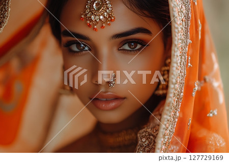 Stunning Indian Bride in Orange Veil and Golden Accessories 127729169