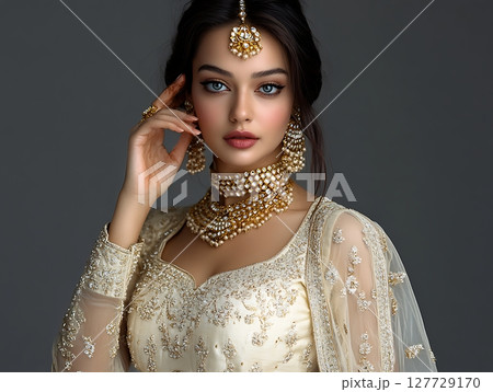 Elegant Woman in Ivory Bridal Gown with Exquisite Pearl Jewelry 127729170