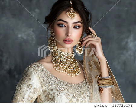 Graceful Bride in Ivory Attire with Statement Jewelry and Accessories 127729172