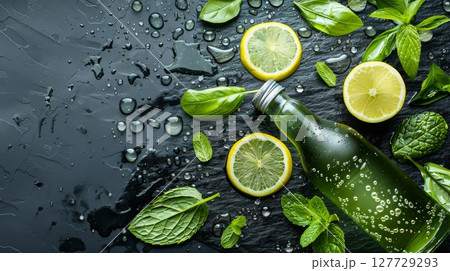 Refreshing citrus electrolyte water in glass bottle with mint and lemon, dew-covered, resting on sunlit stone, clean backdrop. 127729293