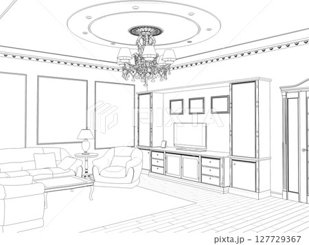 interior contour visualization, 3D illustration, sketch, outline interior contour visualization, 3D illustration, sketch, outline 127729367