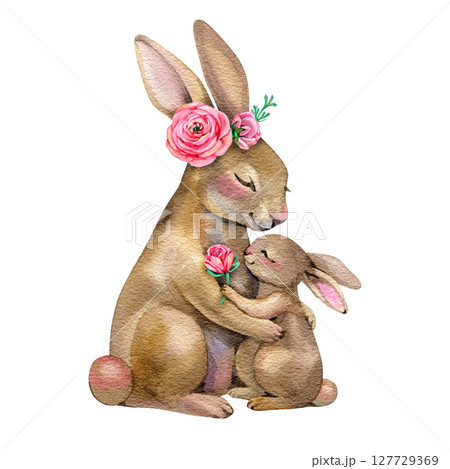 Cute little baby hare with mom. Watercolor hand drawn illustration 127729369