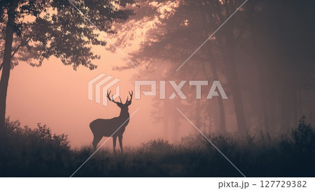 Majestic Deer Silhouette in a Misty Forest at Sunset 127729382