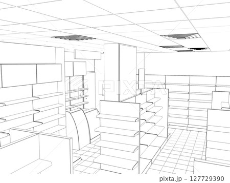 shopping mall, contour visualization, 3D illustration, sketch, outline 127729390
