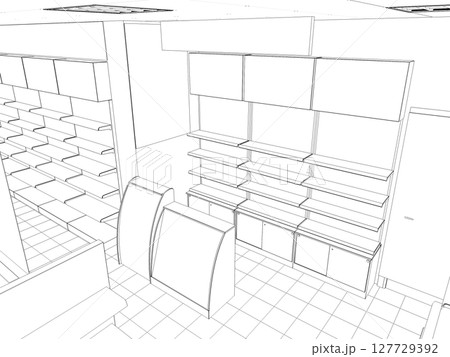shopping mall, contour visualization, 3D illustration, sketch, outline 127729392