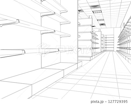 shopping mall, contour visualization, 3D illustration, sketch, outline 127729395