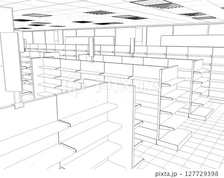 shopping mall, contour visualization, 3D illustration, sketch, outline 127729398