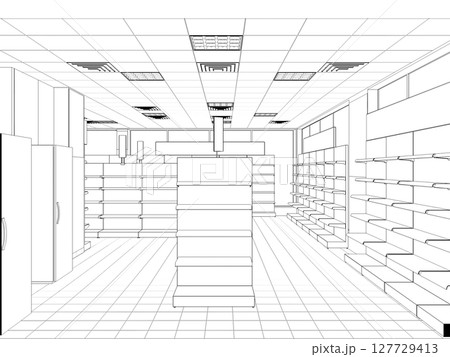 shopping mall, contour visualization, 3D illustration, sketch, outline shopping mall, contour visualization, 3D illustration, sketch, outline 127729413