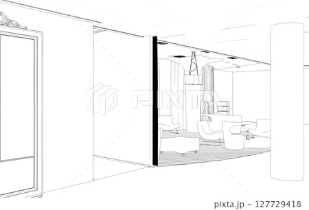 shopping mall, contour visualization, 3D illustration, sketch, outline 127729418