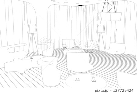 shopping mall, contour visualization, 3D illustration, sketch, outline 127729424