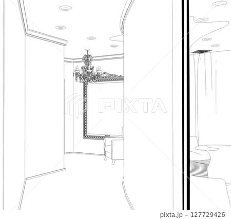 shopping mall, contour visualization, 3D illustration, sketch, outline 127729426