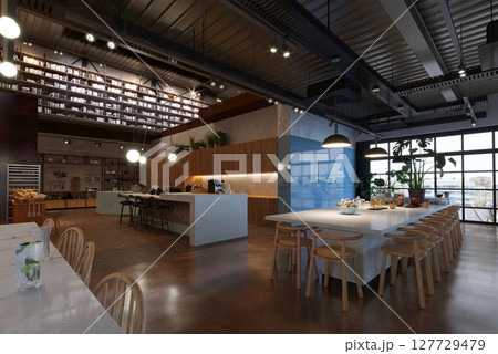 restaurant, interior visualization, 3D illustration 127729479