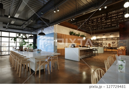 restaurant, interior visualization, 3D illustration 127729481