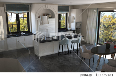 kitchen, interior visualization, 3D illustration 127729484