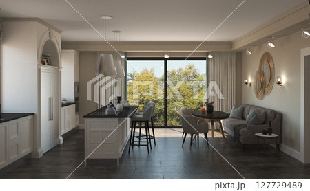 kitchen, interior visualization, 3D illustration kitchen, interior visualization, 3D illustration 127729489