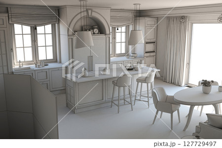 kitchen, interior visualization, 3D illustration 127729497