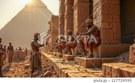 Egyptian pyramid construction, Egyptians talking, discussing construction work on the Pyramid of Cheops in Ancient Egypt at Giza 127729593