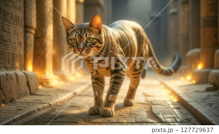 Golden Egyptian magic divine cat, cat in the temple of the Egyptian goddess, Bastet (Bast), Egypt 127729637