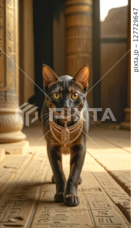 Golden Egyptian magic divine cat, cat in the temple of the Egyptian goddess, Bastet (Bast), Egypt Golden Egyptian magic divine cat, cat in the temple of the Egyptian goddess, Bastet (Bast), Egypt 127729647