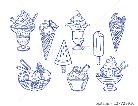 Hand draw ice cream vector illustration. Vintage icecream icon set. Gelato, cone, sorbet, frozen yogurt Hand draw ice cream vector illustration. Vintage icecream icon set. Gelato, cone, sorbet, frozen yogurt 127729910