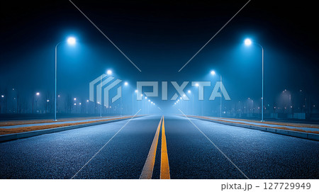 Misty nighttime road illuminated by blue streetlights creates a serene and mysterious atmosphere in a quiet urban setting 127729949