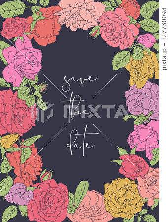 Beautiful hand drawn line art pink rose flowers and leaves vertical oval frame on black background with text Save the Date Beautiful hand drawn line art pink rose flowers and leaves vertical oval frame on black background with text Save the Date 127730098