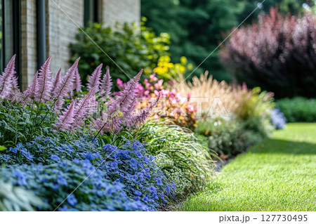 Landscape design. Astilbe, blue molinia, heuchera and miscanthus plants in one flowerbed in the garden of a country private house 127730495