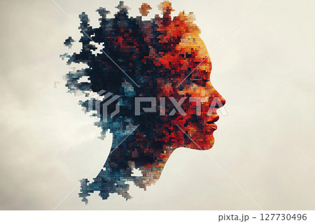 Silhouette of a human head as puzzle pieces put together. Dementia and memory loss. Generated by artificial intelligence 127730496