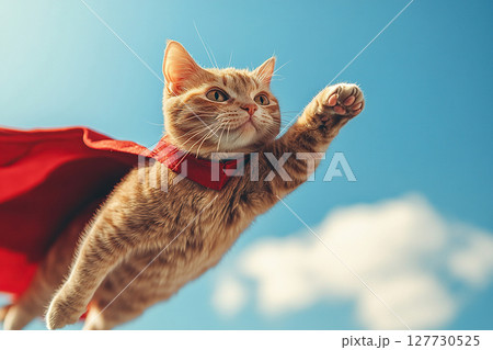 A red cat superhero with his paw raised up flies in the blue sky in a red cape. Generated by artificial intelligence 127730525