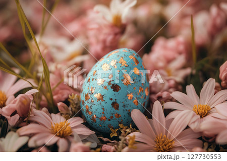Easter egg hunt. Decorated egg lies in flowers. Easter holiday concept. Generated by artificial intelligence 127730553