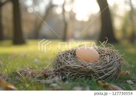 A nest with an egg lies on the ground in a park on a spring day. Generated by artificial intelligence 127730554