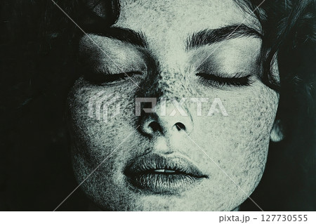 Black and white portrait of a beautiful woman with closed eyes and a calm face. Generated by artificial intelligence 127730555
