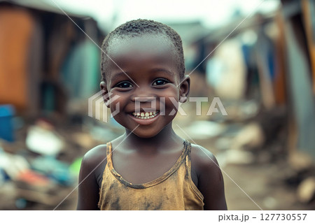 Happy African child on street with slums in background. Concept of helping African children, Children's Day. 127730557