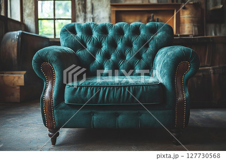Concept of upholstered furniture restoration. Vintage turquoise armchair stands in restoration workshop. Generated by artificial intelligence 127730568