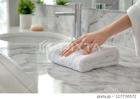 Woman's hand on white terry towel lying on marble countertop in bathroom. A female hand touches a soft terry towel. 127730572