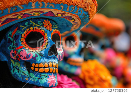 Painted Day of the Dead skull in sombrero on blurred background. Mexican culture and traditions. Generated by artificial intelligence Painted Day of the Dead skull in sombrero on blurred background. Mexican culture and traditions. Generated by artificial intelligence 127730595