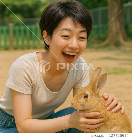 ウサギとのふれあいで笑顔がはじける瞬間の場面を生成 127730654